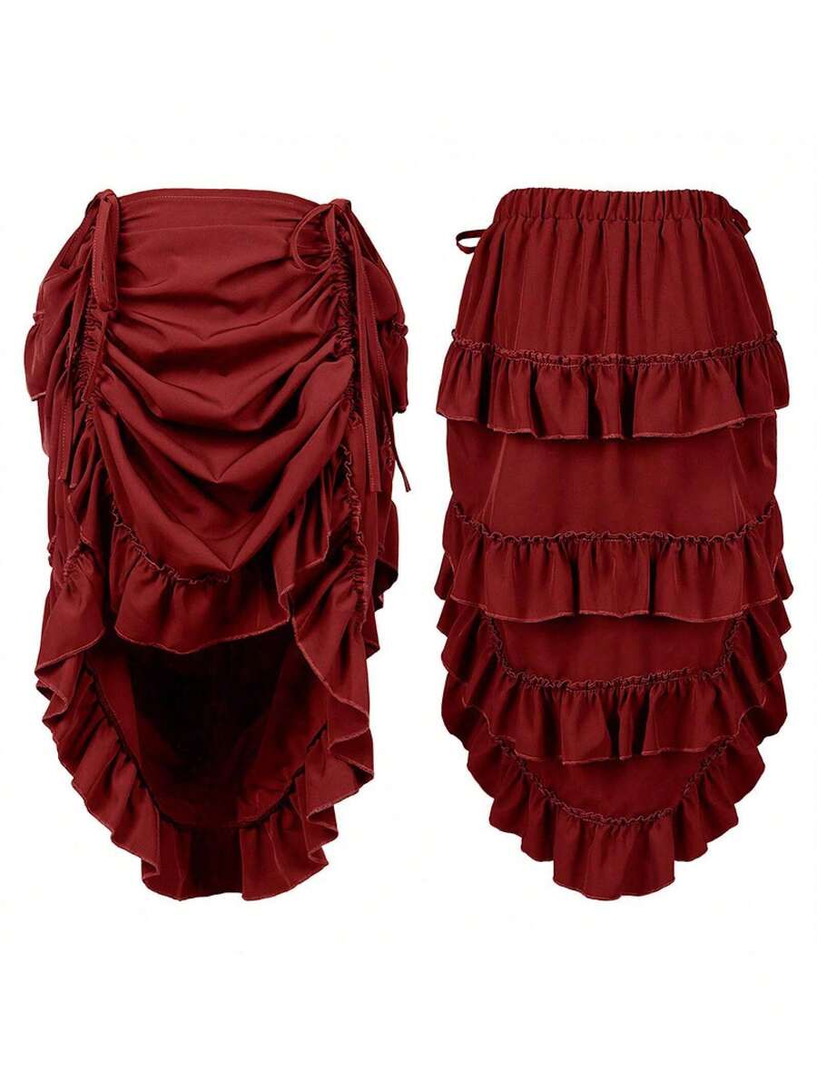 Dammidikjol med åtsittande midja, vintage vårstil, enfärgad, aktivitetskjol för dans, cosplay-kostym - Dragsko kjol - Röd - Visa 1