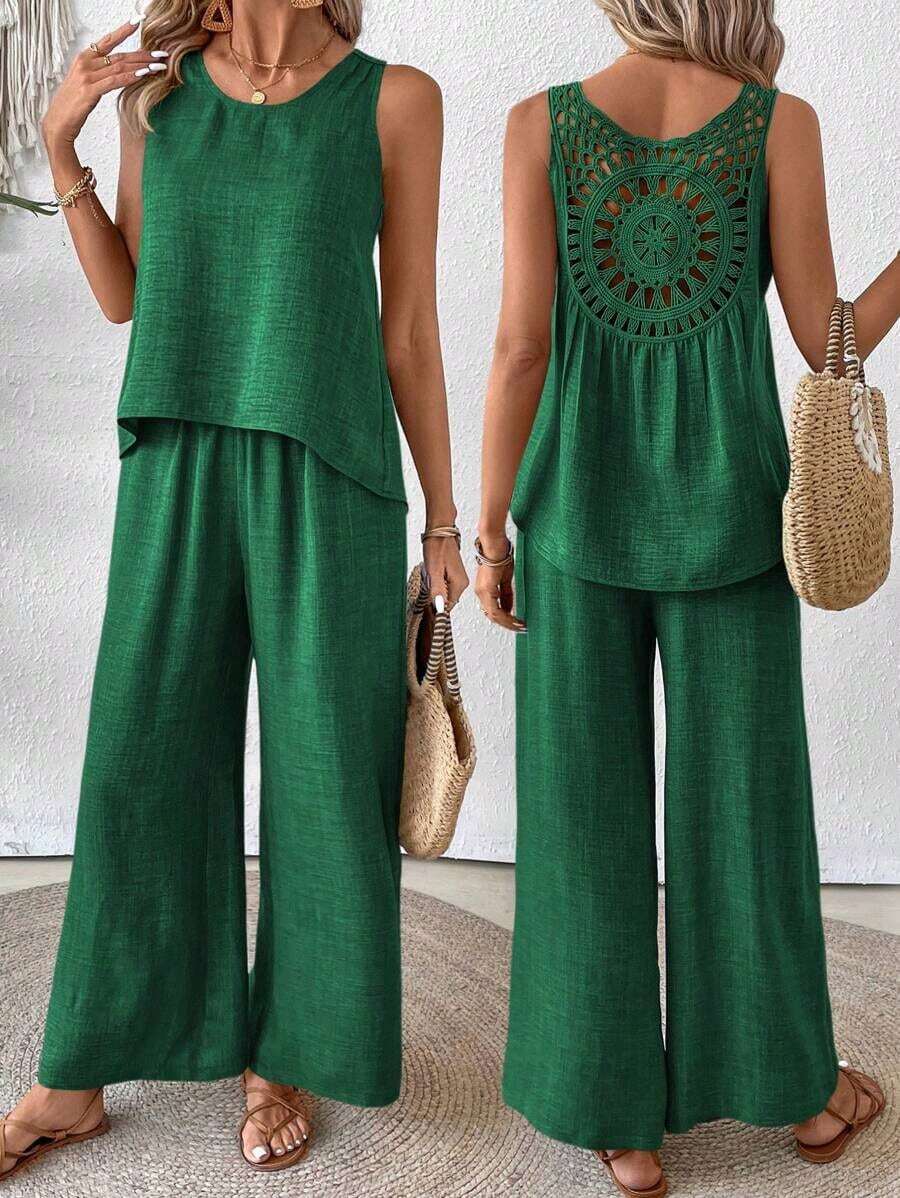 Conjunto de top sin mangas y pantalones de pierna ancha con parte posterior de malla de encaje para mujer, color albaricoque, para primavera/verano - Verde Oscuro - Ver 1