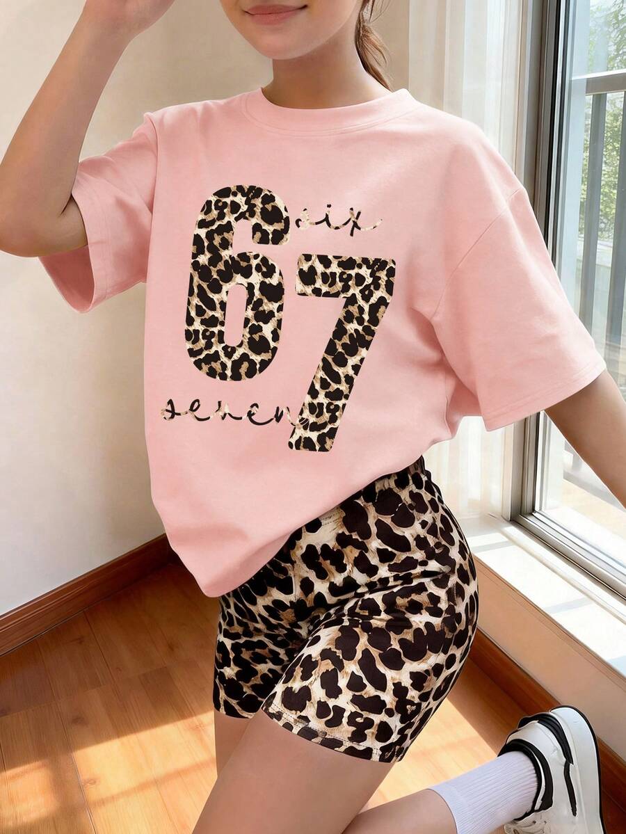 两件套女童豹纹“67”字母图案T恤+豹纹短裤，休闲时尚夏季套装 - 粉色 - 查看 1