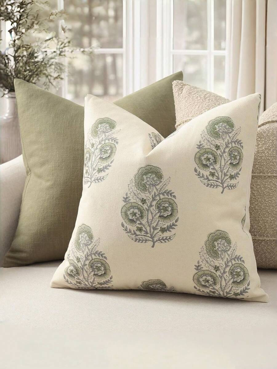 1pc Triple Floral Print Decorative Pillow Cover, Cute Flower Pattern Design, Fits Standard Pillow Insert, Easy To Clean And Change, Great Spring Gift - Green - View 1