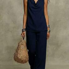 Slight Stretch Fabric Women's Casual Sleeveless Cowl Neck Top And Pants Two-Piece Outfit - 藏蓝色 - 查看 1