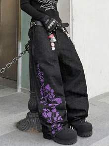 1件男士时尚街头风刺绣阔腿牛仔裤，宽松舒适休闲裤，四季皆宜（不含腰带或配饰） - 黑色 - 查看 1