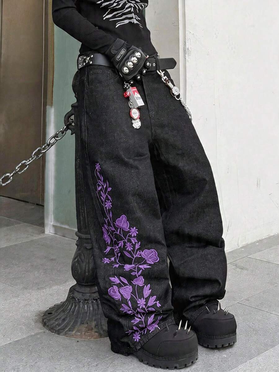 1件男士时尚街头风刺绣阔腿牛仔裤,宽松舒适休闲裤,四季皆宜(不含腰带或配饰) - 黑色 - 查看 1