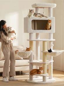 PAWZ Road 213cm XXXL 8-Story Cat Tree, Extra Large Scratching Post With XXL Cave & Large Lounging Area, 3 Sturdy Hammocks, Multi-Level Climbing Paradise For Large Cats & Multi-Cat Households, Robust Construction & Plenty Of Space, Beige - Beige - View 1