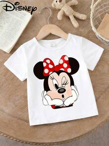Disney Licensed Minnie Mouse Winking With Polka Dot Bow Print Kids' T-Shirt, Cute Cartoon Casual Tee, Perfect For Daily Wear, School Activities, Family Outings And Weekend Trips, Shipped From Local Warehouse - 白色 - 查看 2