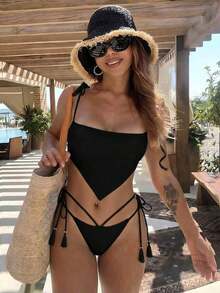 Nuevo traje de baño tipo bikini elegante y sexy con estampado floral verde en estilo bohemio con lazos, estampado floral vibrante con ribete en contraste, conjunto de bikini para fiesta en la playa y vacaciones - Negro - Ver 1