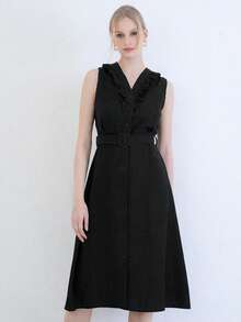 Women's Solid V-Neck Casual Party & Travel Mid-Length Dress - Black - View 5