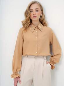 Women Beige Button-Up Blouse Designed For Elegant Everyday Styling And Polished Smart-Casual Looks. - Camel - View 2