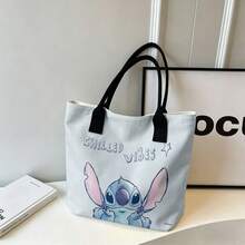 Miniso Disney Stitch "Chilled Vibes" Canvas Tote Bag, Light Blue Watercolor Shoulder Bag For Daily Use - Pink - View 5