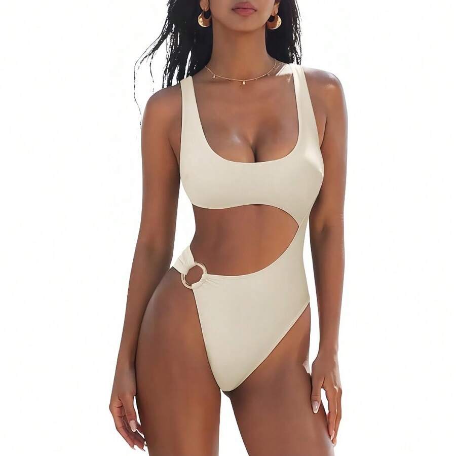 Women's Cutout One Piece Swimsuit, Scoop Neck High Cut Monokini With Side Cutout & Gold Ring Accent, Tummy Control Swimwear For Beach, Pool And Summer Vacation, 7 Colors Available - 米白色2697-1 - 查看 1