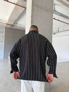 Men's Black & White Striped Long Sleeve Casual Shirt, Relaxed Fit, Minimalist Versatile Design, Suitable For Multi-Season Everyday Wear, Comfortable & Breathable - Black and White - View 2
