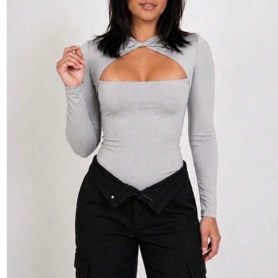 Women's Asymmetrical Bodysuit With Twisted Neckline, Silicone Effect, Long Sleeves, Stylish Front Cutout, Autumn/Winter Style, Straight Square Neckline, Excellent Quality, Zero Transparency, Suitable For Events, Parties, Clubs, And Nights. - 灰色 - 查看 1