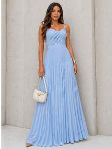 Women's Long Pleated Dress With Crossover Detail At The Bust – Ideal For Special Events Such As Weddings And Graduations - 淺藍色 - 查看 2