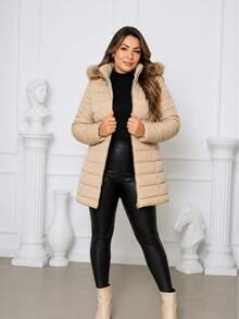 Women's Thick Blouse Jacket With Faux Fur Coat, Long Jacket With Removable Hood, Black Fleece Jacket, Winter 2025 Parka Style Coat - 米色 - 查看 2