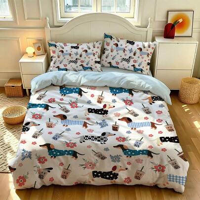 3pcs Colorful Cute Cartoon Dachshund Print Bedding Set, 1 Duvet Cover And 2 Pillowcases (No Filling), High-Definition Dyeing, 100% Polyester Fabric, Oversized Double Bed Size, Comfortable And Soft, Zipper Closure, Machine Washable, Suitable For Home Bedroom, Guest Room, Travel Camping And Dormitory