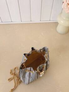 Mini New Fashion Straw Woven Gold Chain Drawstring Bucket Bag, Beach Bag - Black - View 5