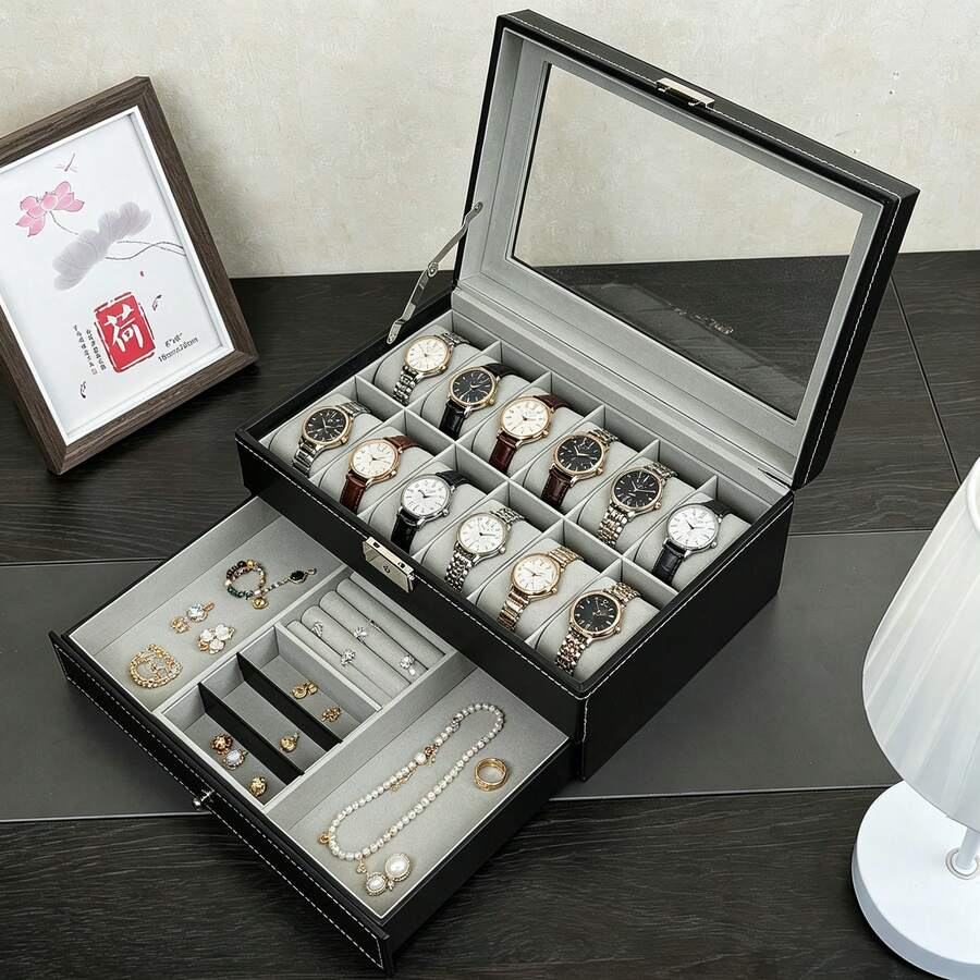 ASTUO 20 Slot Men's Watch Box With Large Glass Transparent Lid, Black Luxury Watch Storage Box With Drawer, Artificial PU Leather Watch Case, Watch Organizer, Wristwatch Display Box, Multi-Watch Storage Box, Jewelry Box, Bracelet Box, Men's Jewelry Box With Removable Watch Pillows