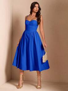 Elegante vestido largo sin mangas con manga abultada para mujer, adecuado para citas diarias, salidas, discotecas, fiestas, temporada de otoño - azul real - Ver 1