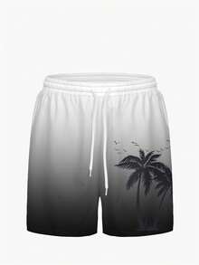 Men's Plus Size Gradient Palm Tree Print Unlined Drawstring Elastic Waist Slant Pocket Casual Vacation Hawaiian Beach Shorts - Black and White - View 4