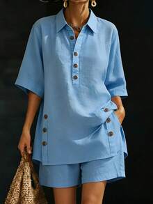 Women's Linen 2-Piece Outfit, Short Sleeve Button Down Shirt And Loose Shorts Set - 藍色 - 查看 2