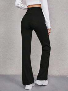 Pantalones acampanados de talle alto ancho para mujer, color negro sólido, diseño favorecedor y corte ajustado, tejido elástico y cómodo, ideal para uso diario, salidas informales, combinaciones casuales y primavera-verano - Negro 3 - Ver 10