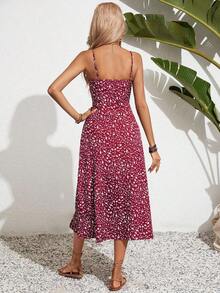 Vestido camisero casual a media pierna con lazo delantero a cuadros para mujer - Burdeos - Ver 2