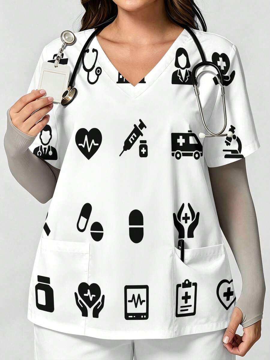 Plus Size Curvy Women's All-Over Print Nurse Top, Casual Loose Short-Sleeve Work Clothes Icons Pattern Print On White Scrubs Top Stylish Patterned Nurse Top, Perfect For Hospital, Dental, Nursing And Healthcare Staff. - Sayle - View 1