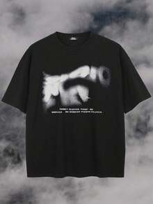 Camiseta de manga corta casual con estampado de letras para uso diario, verano, emo para hombres - Negro - Ver 1