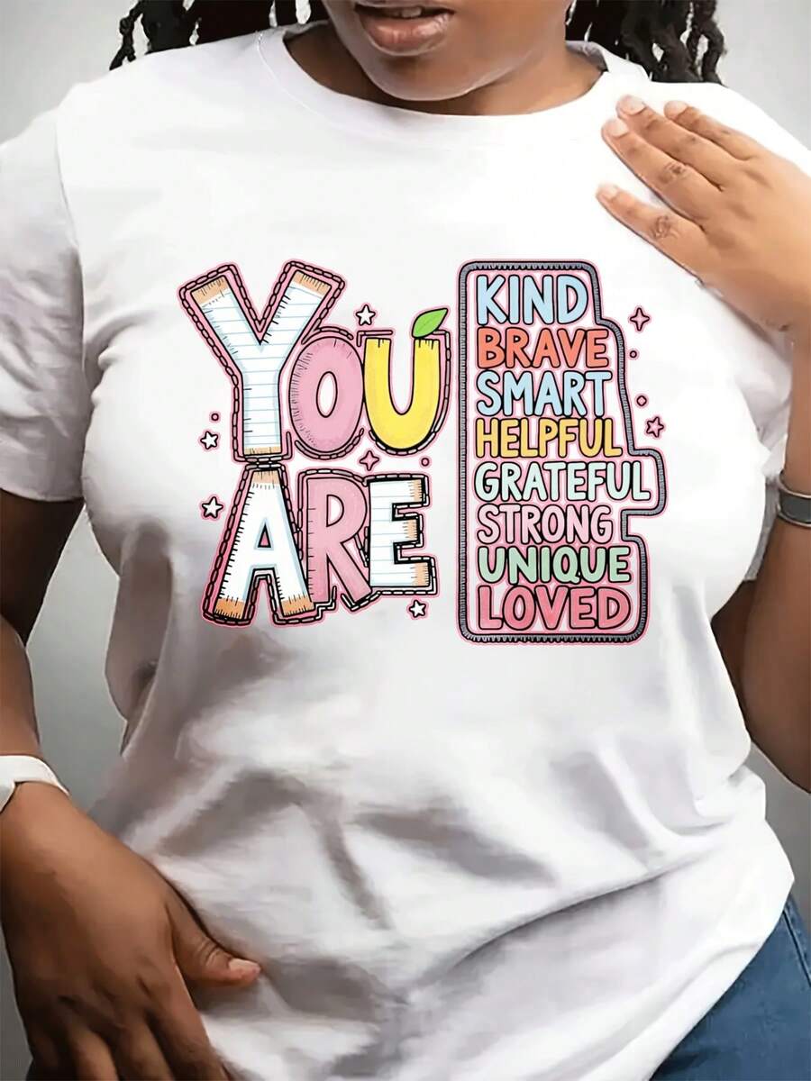 Women's Fashionable Casual Crew Neck T-Shirt For Mother's Day | Short Sleeve, Lightweight Stretch Fabric, Geometric Pattern, Perfect For Daywear And Gifting To Friends And Family - 白色 - 查看 1