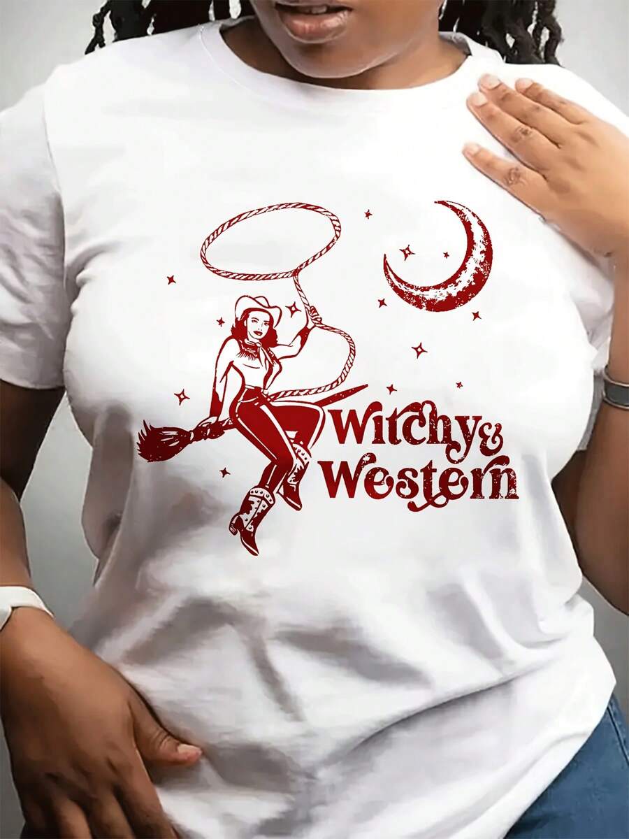 Camiseta casual de cuello redondo de las señoras | Sved corto, tejido estirable ligero, impresión occidental del mago destacado, yo para Dailpor y regalo a amigos y familia