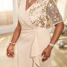Fleurora Spring And Summer Elegant Party Wedding Cocktail Party Concert/Music Festival Khaki Knitted Overlap Collar Contrast Sequin Midi Short Sleeve Plus Size Dress,Formal Dresses For Women - Albaricoque - Ver 4