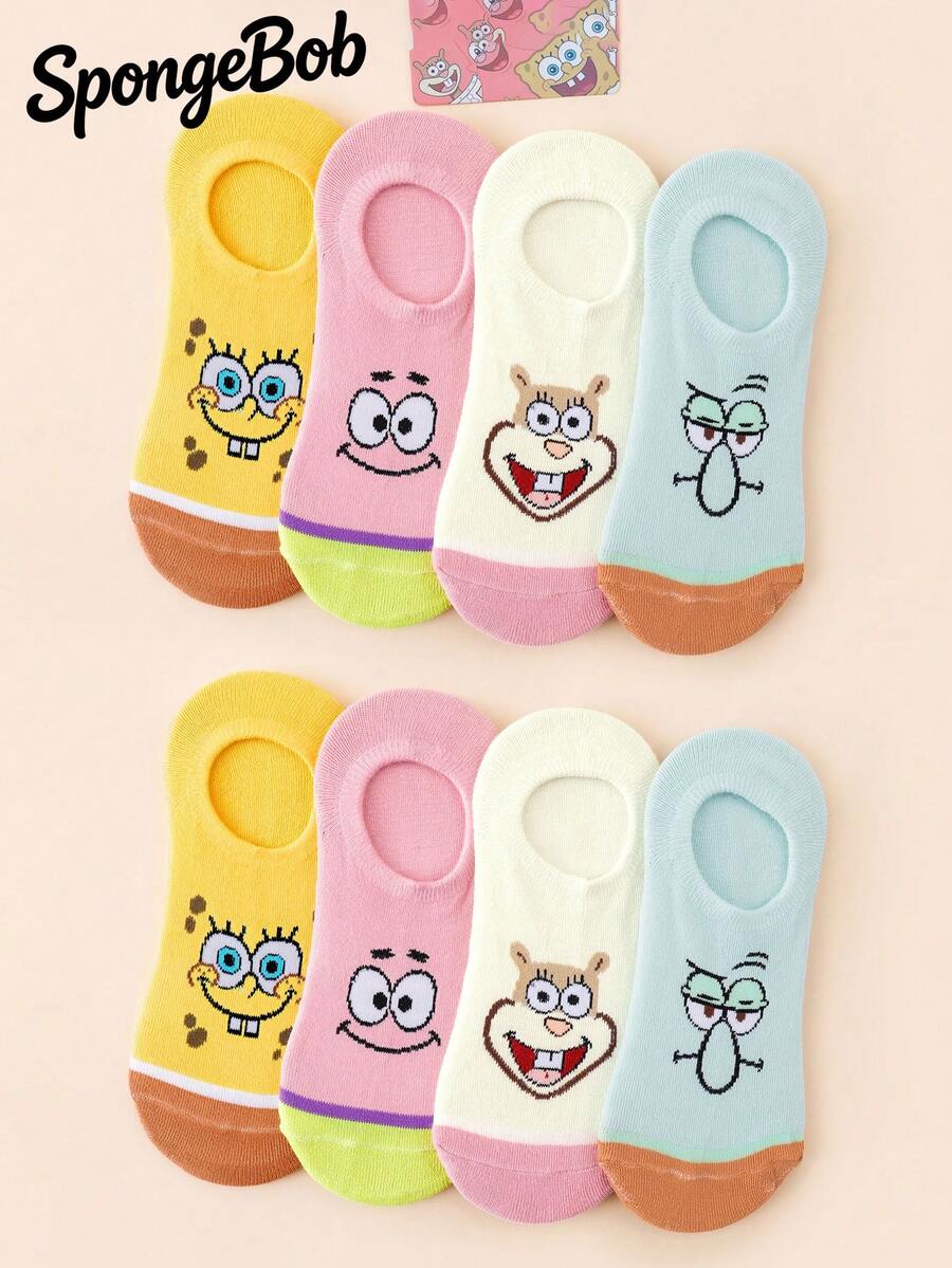 SpongeBob SquarePants 2/4/8雙彩色可愛卡通圖案加強趾尖與足跟舒適短襪,男女通用,四季適用,適合學校與戶外運動,夏冬皆宜,章魚款 - 彩色 - 查看 1
