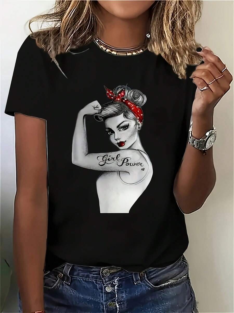 Vintage Woodward Rivet Working Women's T-Shirt "We Can Do It!" - Featuring Iconic Poster Art Styling, Combined With A Red Scarf And Polka Dot Bow, This Short-Sleeved, Stretchy Crew Neck Top Is Made Of 95% Cotton/5% Spandex And Is A Casual Vintage Workwear Style Tee. - 黑色 - 查看 1