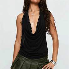 Top Halter Chic para Mujer con Cuello Drapeado y Remaches, Estilo Y2K Rave, con Detalles Tachonados, Espalda Descubierta y Fruncido, para Fiesta y Club - Gris - Ver 2