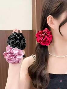 3/1 Set Vintage Rose Flower Hair Scrunchies, Satin Imitation Flower Hair Ties, Elegant Hair Accessories - Suitable For Women And Girls, For Daily, Date, School, Party, Holidays, Gifts,Travel,Birthday - Multicolor - View 2