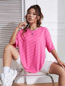 Camiseta de cuello redondo y hombros caídos - Rosa Fucsia - Ver 6