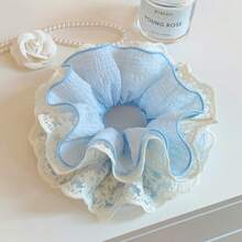 1pc Lace Scrunchie With Layered Hollow Floral Design, Elegant French Style Gingham Pattern, Suitable For Everyday Use Ponytail Holders Hair Elastics Hair Rubber Bands Hair Rope - Baby Blue - View 6