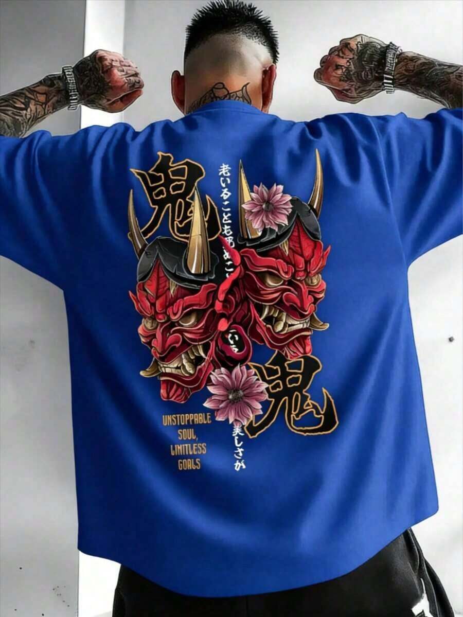 Oni Mask Short-Sleeve T-Shirt - White Short-Sleeve Crew Neck T-Shirt With Red And Gold Demon Print And Kanji Text - Casual Summer Wear, Anime And Manga Style, Machine Washable, Gift, Graphic Tee For Streetwear Lovers, Comfortable Fit, 100% Cotton - 藍色 - 查看 1