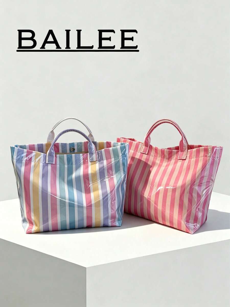 BAILEE Một chiếc túi tote thời trang mới làm từ chất liệu PVC, phối màu đa sắc sọc. Thiết kế rộng rãi, phù hợp để đựng máy tính bảng, mũ chống nắng, ô dù và nhiều vật dụng khác. Lý tưởng cho việc đi lại hàng ngày, mua sắm, du lịch, chụp ảnh và phối đồ. Là món quà sinh nhật, quà tặng ngày lễ hoặc quà bất ngờ tuyệt vời cho gia đình, bạn bè hoặc người thân yêu.