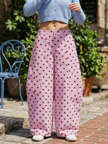 Women's Polka Dot Wide Leg Pants Mid Waisted Casual Baggy Trousers With Drawstring Hem Y2K Vintage Streetwear For Daily Vacation - 粉色 - 查看 3