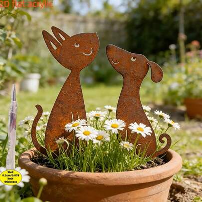 2D Vintage Rust‑Toned Acrylic Cat & Dog Silhouette Garden Stake, Durable Cute Pet‑Themed Garden Decor For Potted Plants, Balcony Landscaping & Outdoor Garden Decoration