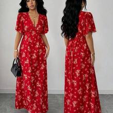 Women's V-Neck Puff Sleeve Cinched Waist A-Line Floral Print Casual Vacation Dress, Suitable For Travel, Beach, Summer, Multiple Colors - Rojo - Ver 5