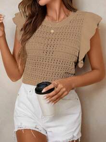 Women's Crochet Striped Knit Sleeveless Top, Lightweight Round Neck Ruffle Hem Short Sleeve Blouse Summer - Khaki - View 7