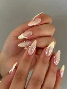 10pcs Handmade Solid Matte Cat Eye Nail Stickers, Nude Base With Hand-Painted Cream Yellow French Style, 3D Shell Texture Embossed Decor With Tiny Rhinestones, Elegant And Vibrant, Suitable For Ladies, Girls, Parties, Holidays, And Daily Wear In Spring, Summer, Autumn, And Winter - Yellow - View 2