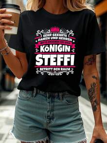Sehr Geehrte Damen Und Herren Carta Impreso T-Shirt, Short Sleeve Crew Neck Casual Top For Summer And Spring, Women's Clothing - 黑色 - 查看 1
