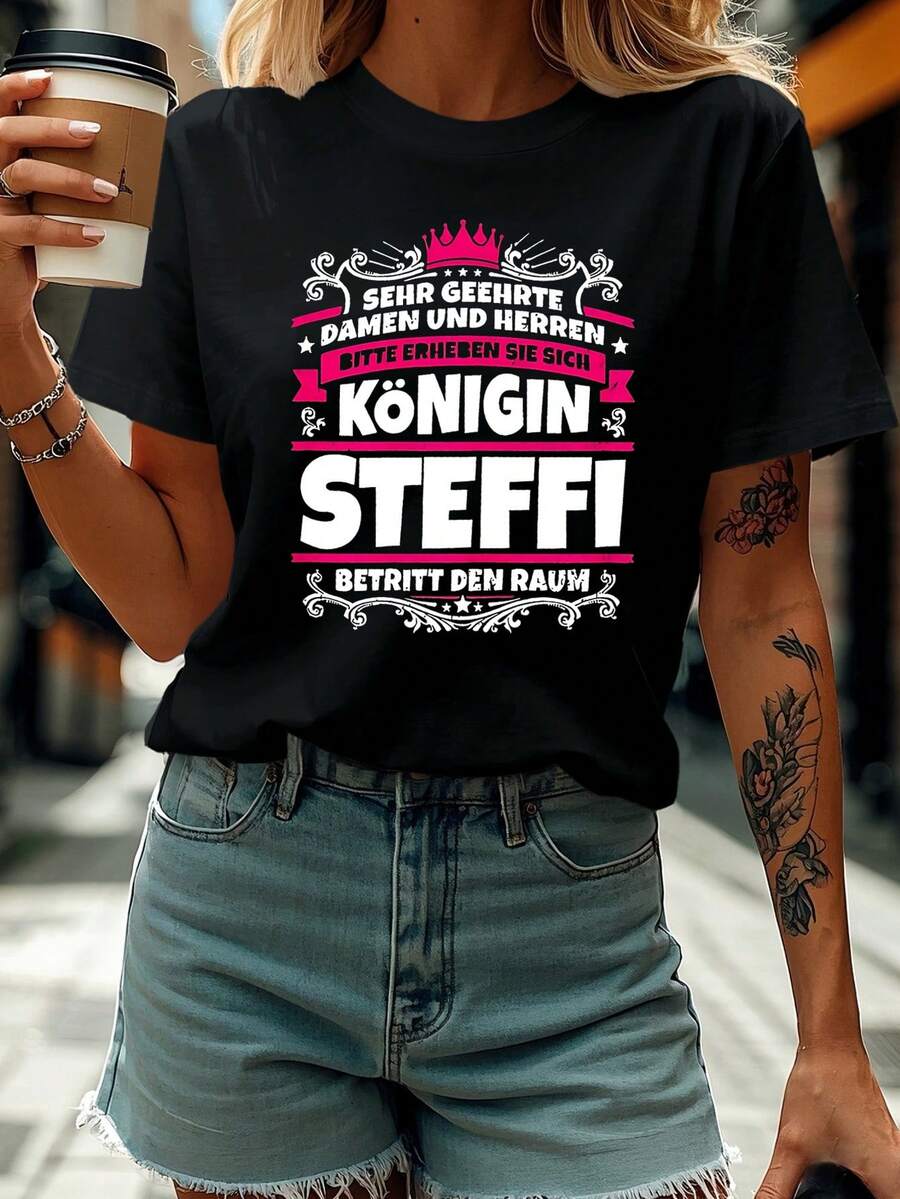 Sehr Geehrte Damen Und Herren Carta Impreso T-Shirt, Short Sleeve Crew Neck Casual Top For Summer And Spring, Women's Clothing - 黑色 - 查看 1
