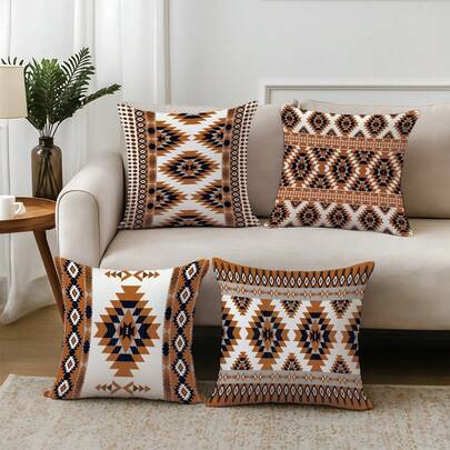4pcs Brown Retro Geometric Floral Retro Pattern Cushion Cover Set, Single-Sided Soft Peach Velvet Material, 45*45CM Pillow Case Suitable For Indoor Decor, Party Decoration, Decorative Pillow Cover Gift