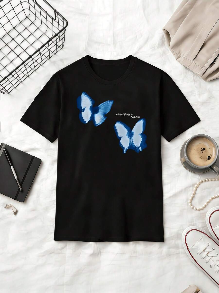 Metamorfosis Season Blue Butterfly Minimal Art Cotton Summer Short Sleeve T-Shirt - Black - View 1