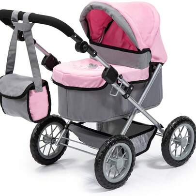Pink & Gray Deluxe Baby Doll Stroller With Storage Bag, Fits 18-24 Inch Reborn Baby Dolls, Kids Pretend Play Pushchair With Adjustable Handle & Canopy, Toy Stroller For Girls Ages 3+