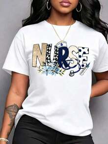 100% cotton Camiseta estampada de enfermera - Diseño temático, camiseta de manga corta, cuello redondo y corte holgado, transpirable y lavable en máquina, de color turquesa brillante, con motivos de estetoscopio y jeringa.Es un interesante traje de enfermera, adecuado para el uso diario en primavera, verano y otoño, y también es una opción ideal para el Día de la Enfermera y la ropa de trabajo diaria. - Blanco - Ver 1